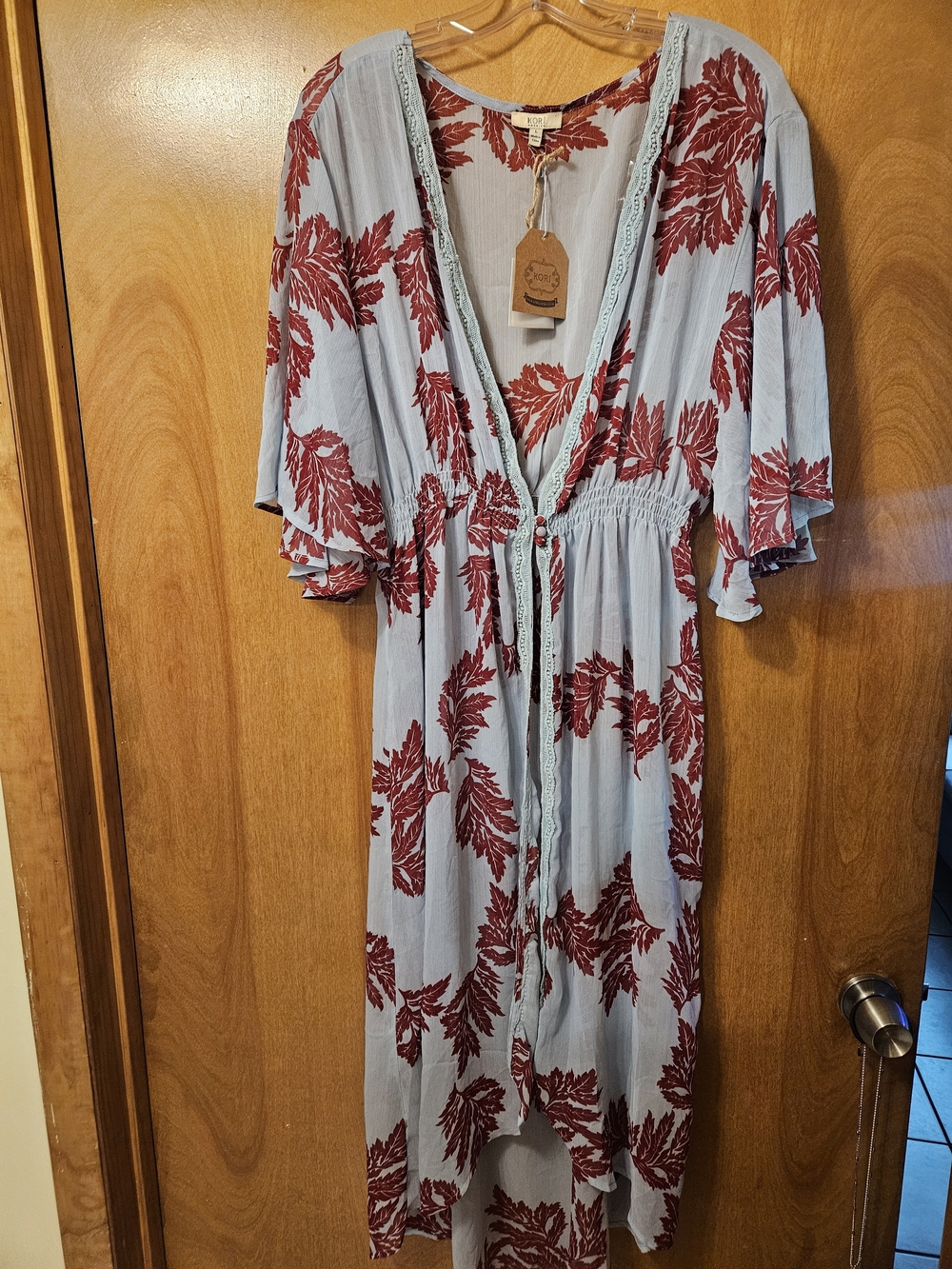 Kori Pale Blue Swim Coverup with Red Leaf Print